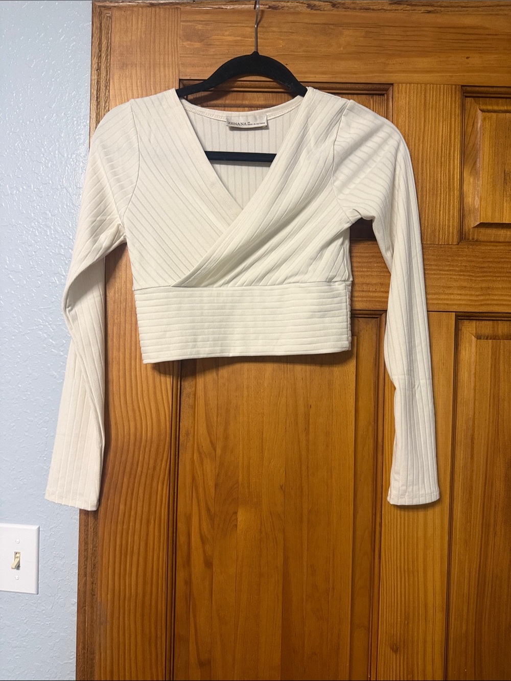 Zenana Outfitters Ivory Ribbed Wrap Crop Top